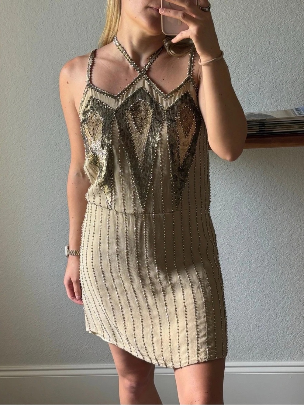 Parker Champagne-Beaded Art Deco, Roaring 20s Mini Dress